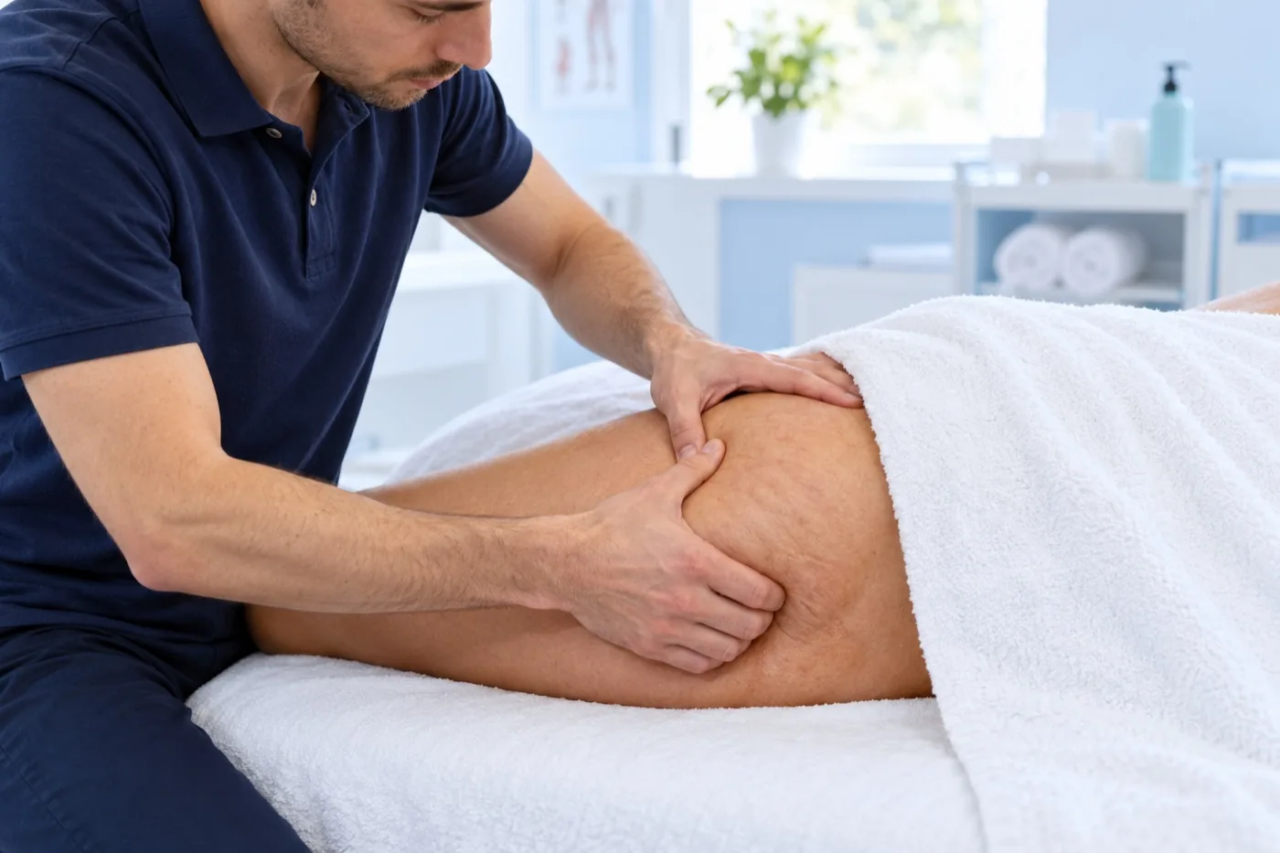 Immagine illustrativa del massaggio anticellulite sulla zona gluteale laterale, con telo di copertura